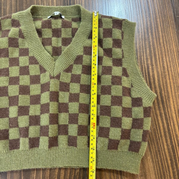 TIEDYERX Womens Sweater Vest Small Green Brown Checkered Knit Cropped V Neck - Picture 4 of 6